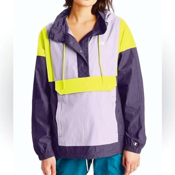 Champion Windbreaker Colorblock Pullover 1/2 Snap Anorak Purple Neon Hooded L - Picture 1 of 4